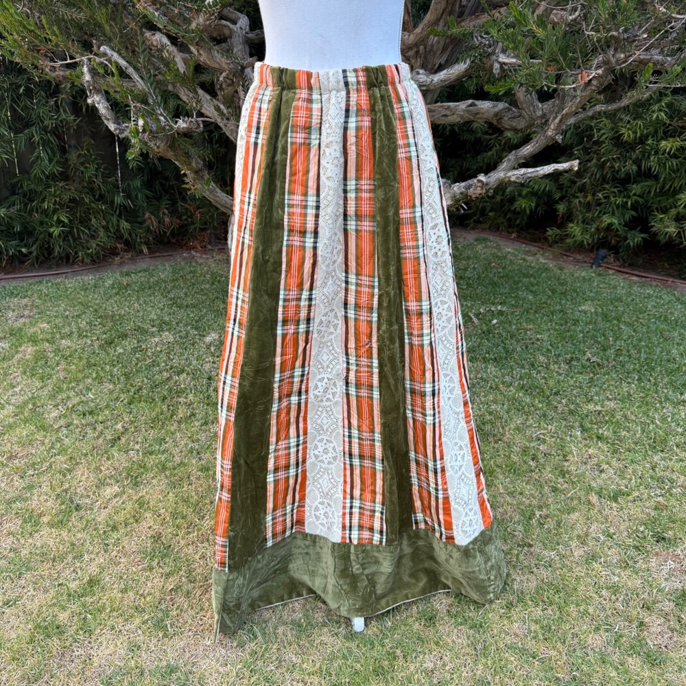 Chessa Davis Vintage Maxi Skirt Plaid Velvet Lace Patchwork Boho Orange Green 24 - Picture 4 of 8